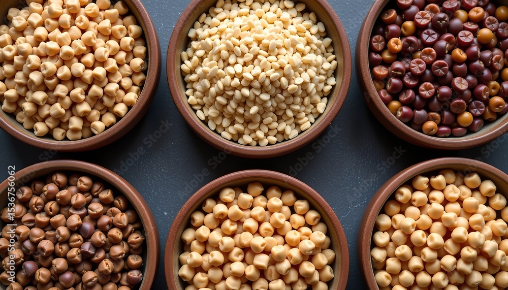 Top view flat lay of 6 clay bowls with assorted legumes in beige, cream, brown and maroon colors. Soft lighting, delicate shadows. Simple, healthy, organic food. Top view flat lay of 6 clay bowls with assorted legumes in beige, cream, brown and maroon colors. Soft lighting, delicate shadows. Simple, healthy, organic food.