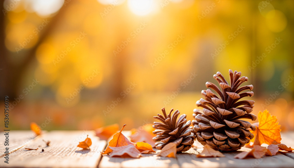 Fototapeta premium Pinecones resting on wooden doorstep surrounded by autumn foliage