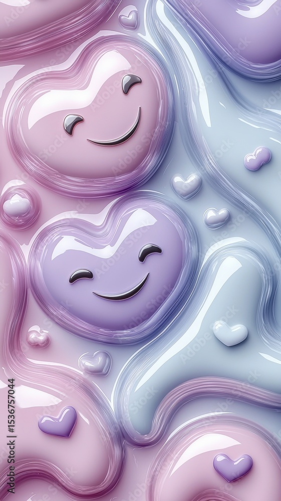 Obraz premium A colorful, playful design featuring smiling heart shapes in shades of pink and blue, evoking a cheerful and whimsical atmosphere.