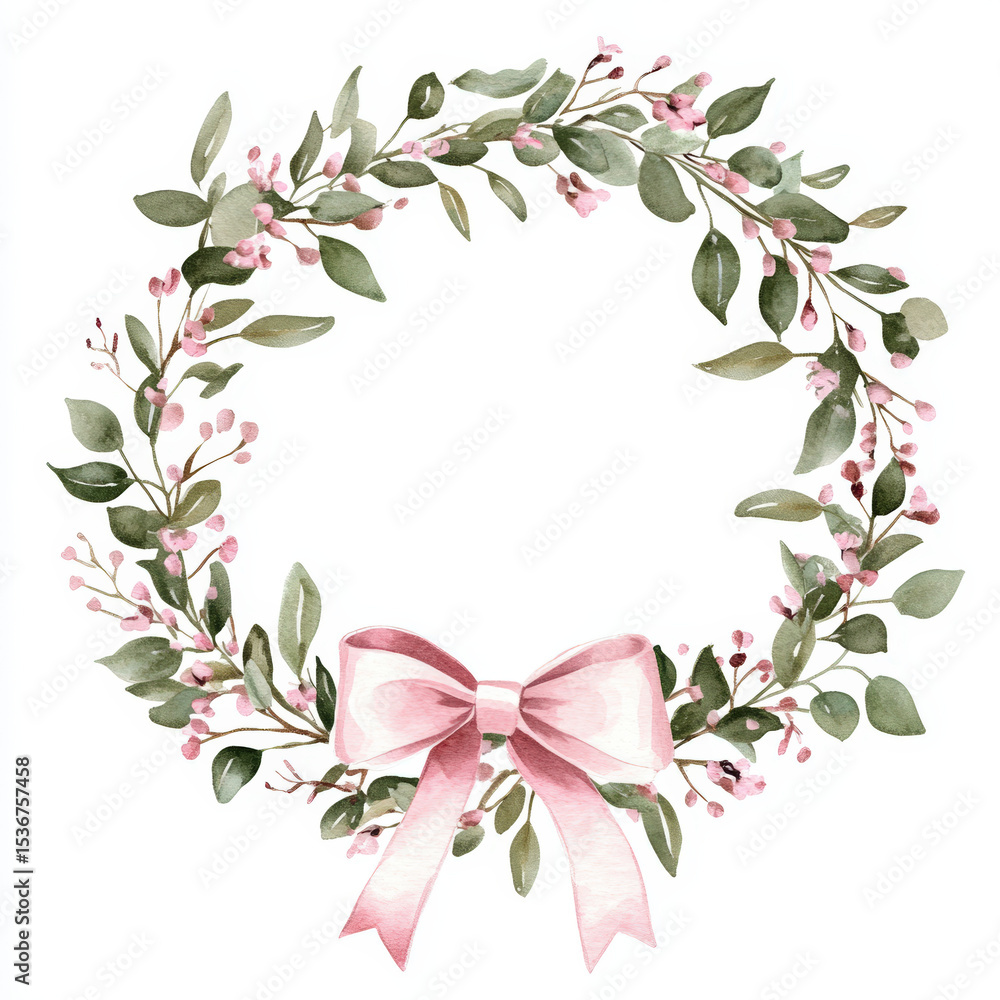Fototapeta premium Watercolor Floral Wreath With Pink Bow. Watercolor wreath featuring green leaves, pink berries, and a lovely pink bow. Perfect for a shirt design.