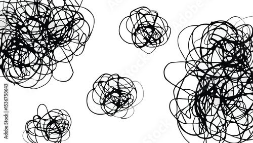 Scattered abstract scribbles in black ink on a white background creating a chaotic and artistic design