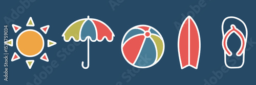Beach and seaside icon sheet with white outline on blue background – Suitable for coastal travel, beachwear ads, or summer themes