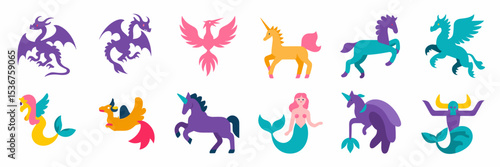 Fantasy and mythical creature icon set with dragon, phoenix, unicorn, griffin, mermaid, centaur, and minotaur – Ideal for gaming interfaces, children’s books, or magical storytelling