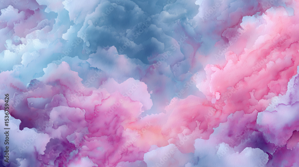 Fototapeta premium Watercolor pastel clouds in pink and blue hues on artistic background