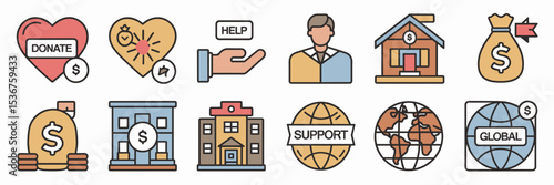 Charity and donation icon sheet with bold text elements – Ideal for fundraisers, nonprofit websites, or donation campaigns