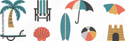 Flat design seaside and beach items icon sheet with white background – Suitable for travel guides, summer products, or beachwear brands