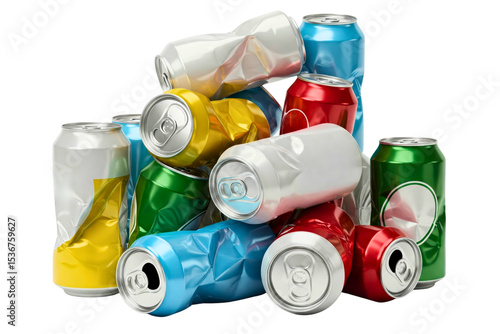 A pile of colorful crushed aluminum cans for recycling isolated on a transparent background