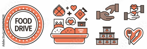 Food drive and hunger relief icon set – Perfect for nonprofit food programs, hunger awareness, or fundraising events