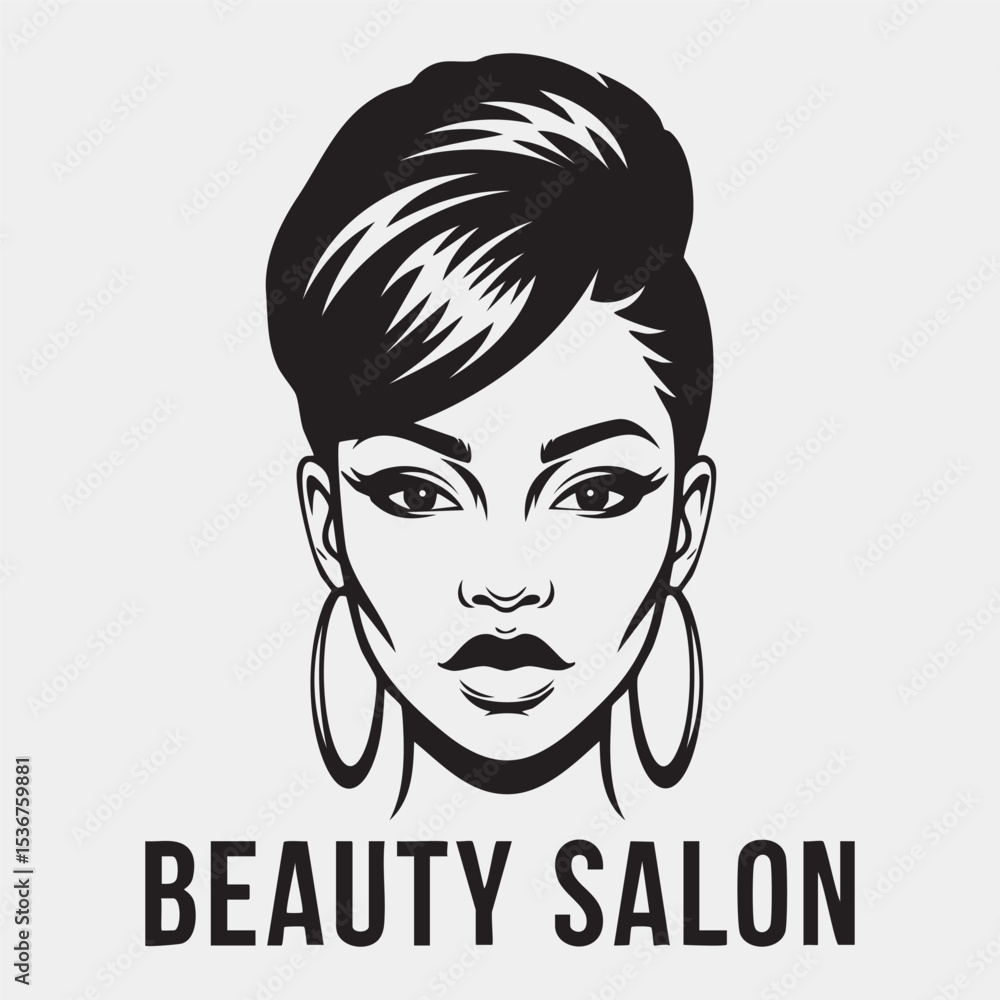 Beauty Salon- Stylized Vector Portrait of a Woman with an Updo Hairstyle and Hoop Earrings Beauty Salon- Stylized Vector Portrait of a Woman with an Updo Hairstyle and Hoop Earrings