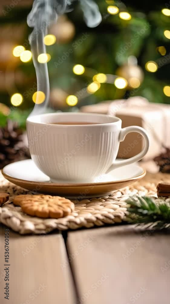Holiday season: Hot beverage and Christmas decoration create cozy mood for background Holiday season: Hot beverage and Christmas decoration create cozy mood for background