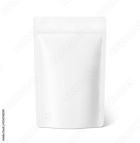 Realistic stand up pouch bag mockup with transparent shadow. Front view. Vector illustration isolated on white background. Ready for your design. EPS10.