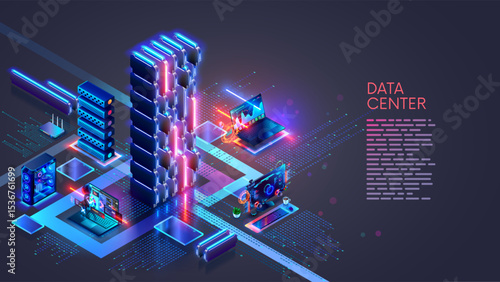 A data center with AI servers. Users computers are connected via the Internet to a data center with Artificial Intelligence servers and cloud data storage. Computer network and AI technology concept.