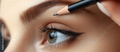 Close-up of brow and eye makeup application.