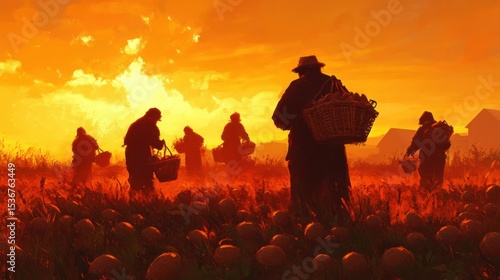Peasants picking potatoes, long shadows at sunset. No faces, just bent silhouettes and full baskets. 