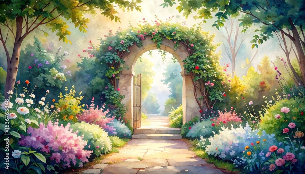 Fototapeta premium Charming garden with colorful flowers and elegant gate in soft focus watercolor style