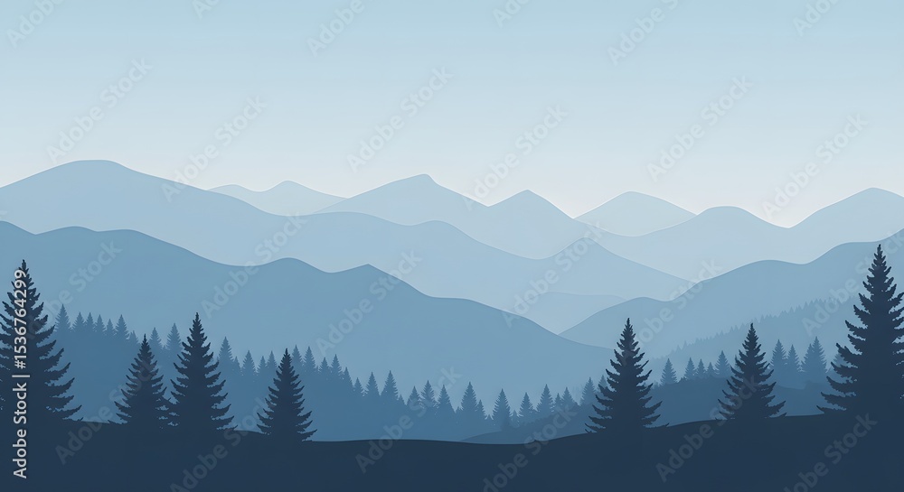 Obraz premium Minimalist Blue Mountain Landscape Vector with Pine Trees