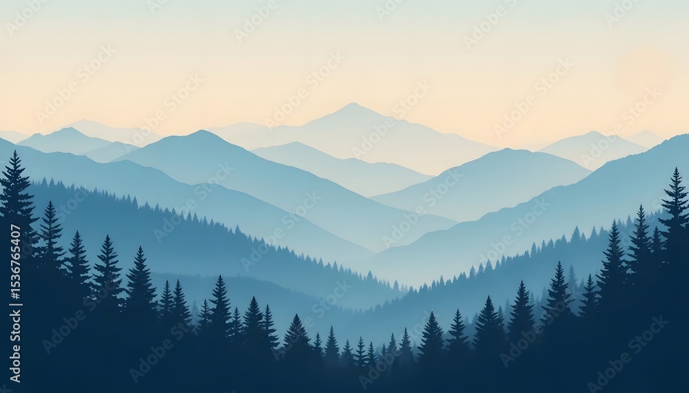 Obraz premium Minimalist Blue Mountain Landscape Vector with Pine Trees