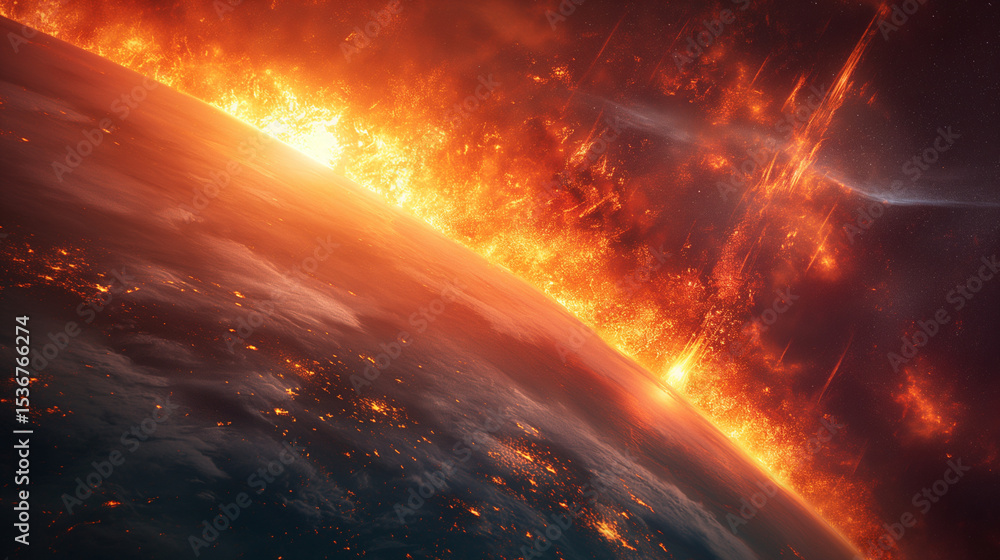 Fototapeta premium Fiery Wave Engulfs the Horizon. A devastating energy surge or solar flare crashes into Earth's atmosphere. Powerful for sci-fi covers, apocalyptic scenarios, or extreme space weather concepts.