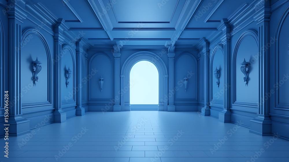 Fototapeta premium 3D corridor with columns in a modern architectural interior, Blue stone arches and columns in a gothic architectural style, Empty underground hallway with doors and lights in a modern building.