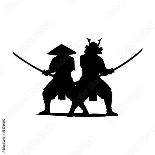 Minimalist Black Silhouette of  Warriors Sword Fighting with Hats.