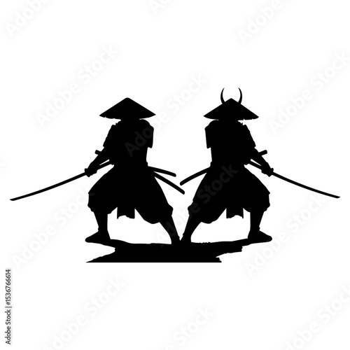 Minimalist Black Silhouette of  Warriors Sword Fighting with Hats.