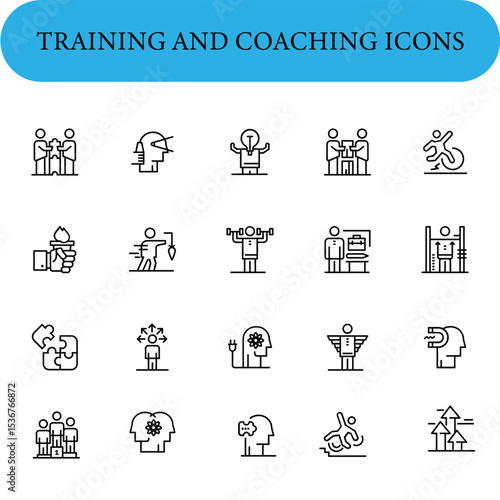 A set of 20 minimalist black icons related to training and coaching are shown against a white background. The icons depict various themes such as teamwork, strategy, physical exercise, mental .
