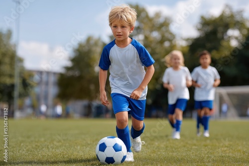 A young boy dribbles a soccer ball on a green field two kids behind him wearing matching white and blue uniforms