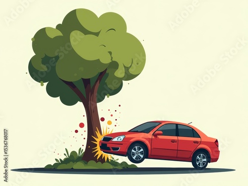 car accident. violation of safety regulations. Red car colliding with tree in a cartoonish style illustration  