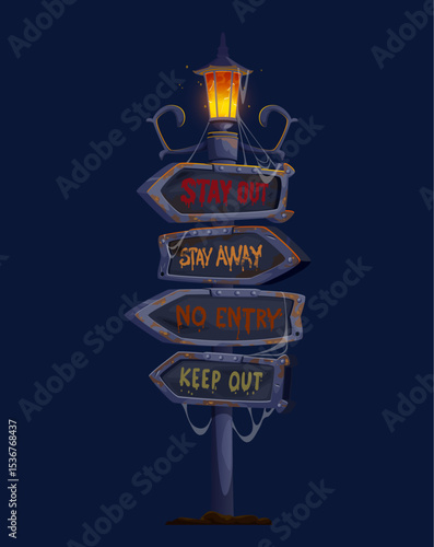 Terrible Halloween sign board, scary signage. Cartoon vector spooky signpost displays ominous messages under eerie glowing lantern, evoking fear and mystery with phrases like Stay Out and No Entry