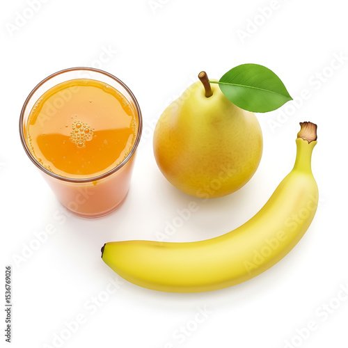 Fresh tropical fruit with a glass of juice on a white background celebrating healthy eating and natural flavors