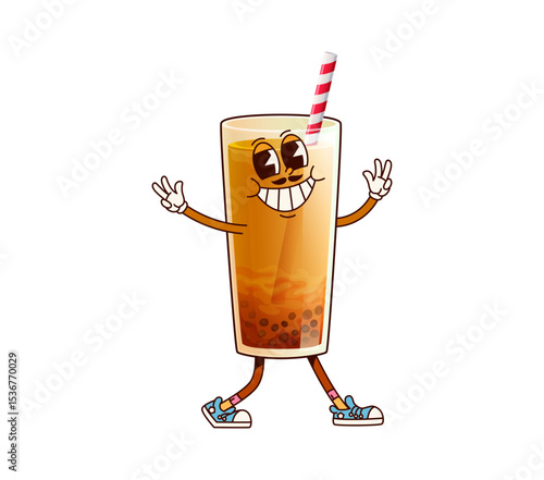 Bubble tea drink groovy character. Fast food menu beverage funky isolated personage. Bubble tea glass, summer dessert drink with chocolate and milk groovy funky vector character, happy smiling mascot