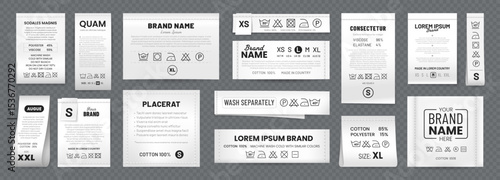 Realistic laundry labels. White fabric tags and care symbols vector 3d mockups with wash, dry, clean and iron instructions, brand name and size, stitches and ribbons. Clothing laundry labels set