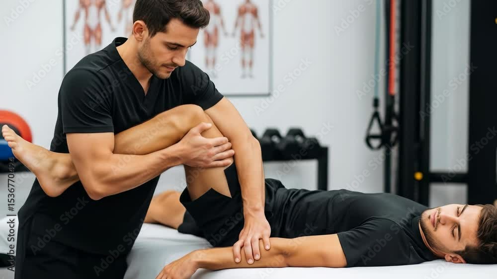 Man patient getting leg rehabilitation from a man physical therapist. Recovery for sport injury. Physiotherapy clinic setting, footage. Man patient getting leg rehabilitation from a man physical therapist. Recovery for sport injury. Physiotherapy clinic setting, footage.