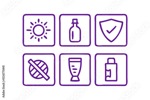 Minimalist vector icon set transparent background UV protection elements simple line art sun rays protection shield sunscreen bottle measurement scale purple monochrome color
