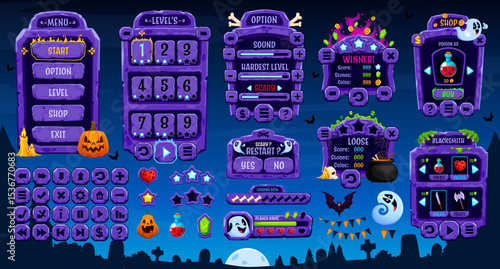 Halloween game interface of GUI menu panel and bars, vector UI elements and assets. Halloween game menu buttons and interface controls with ghosts and monsters on loading bars and gamer panel settings