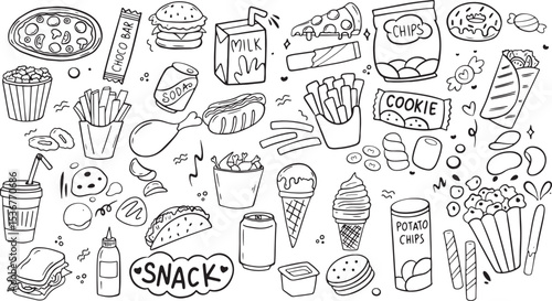 junk food doodle vector set, hand drawn fast food sketch, burger pizza fries soda icons, black and white restaurant design

