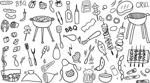 bbq grill doodle vector, hand drawn barbecue tools sketch, black and white food party icons, outdoor cooking elements illustration

