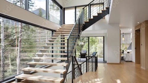 Modern open staircase in luxury forest home with floor-to-ceiling windows