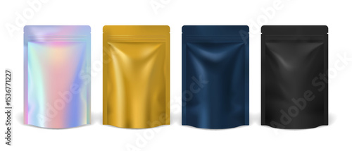 Realistic color pouch bags. 3d Vector resealable metallic sachet containers in holographic, gold, navy and black shades. Packs for branding, packaging, showcasing reusable and modern storage products