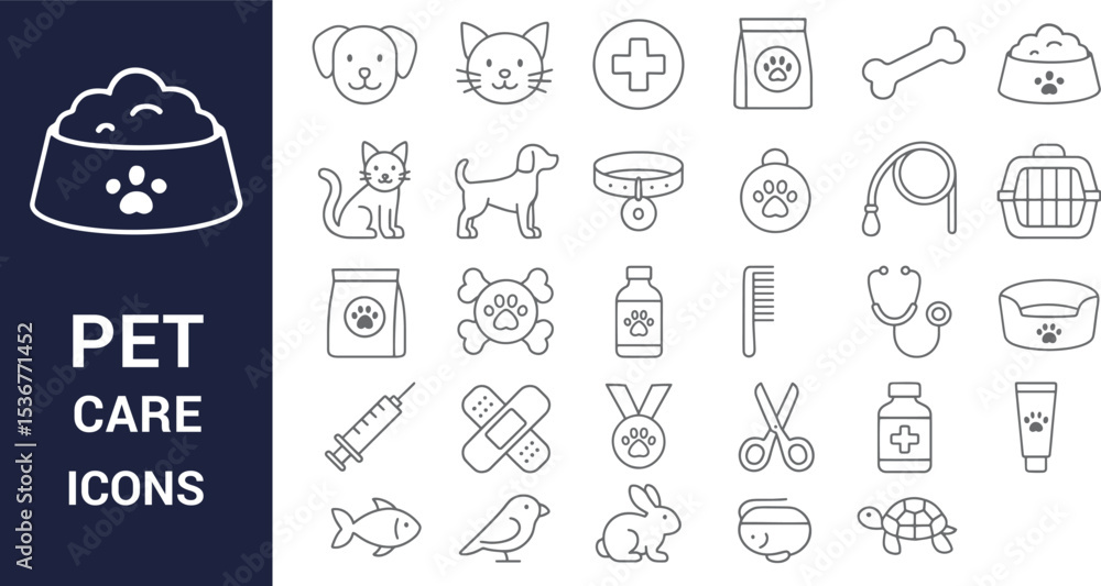 Naklejka premium Comprehensive Pet Care Icons Dogs, Cats, and More