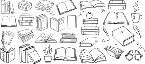 book reading doodle set, hand drawn stacked books vector, black and white education icons, library and knowledge illustration

