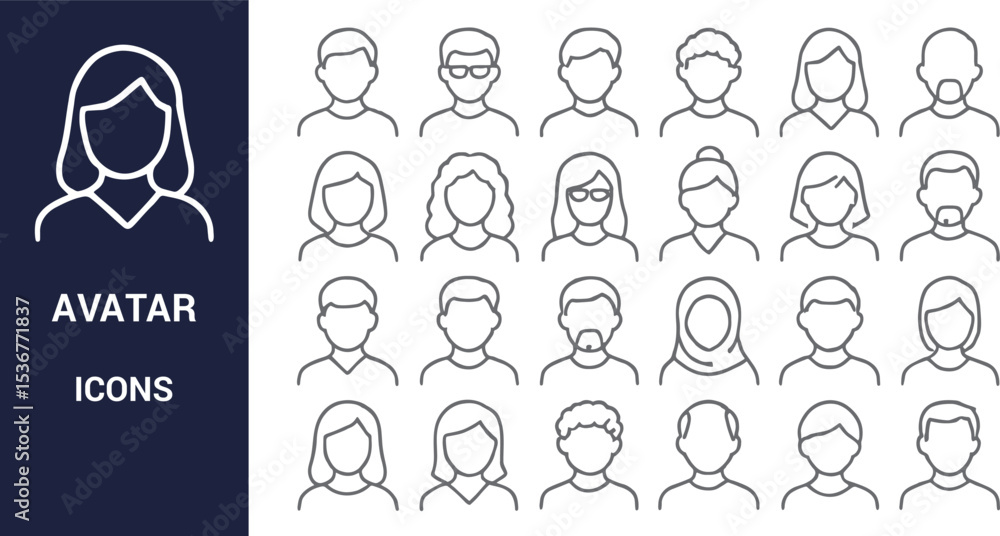 Fototapeta premium Collection of Diverse Line Art Avatar Icons for Profile Pictures and Websites