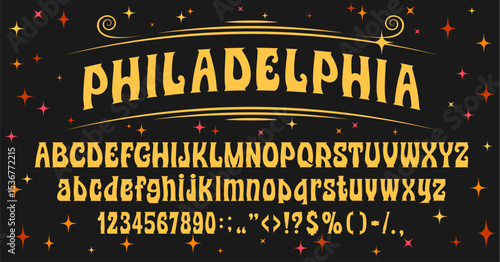 Retro hippy psychedelic font, groovy English alphabet type, 70s vintage typeface with uppercase and lowercase letters, numbers, and symbols, with stars, evoking nostalgia and psychedelic aesthetics