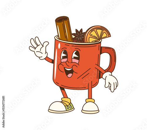 Cartoon groovy mulled wine cup character. Christmas holiday season alcohol drink isolated retro vector personage or mascot. Mug of mulled wine with cinnamon, anise and lemon cute groovy character