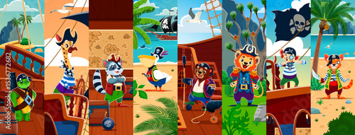 Animal pirates and corsairs characters collage at vector background of sailing ship deck and treasure island landscape. Cartoon cute lion, bear, cat and turtle, pelican and giraffe animal pirates