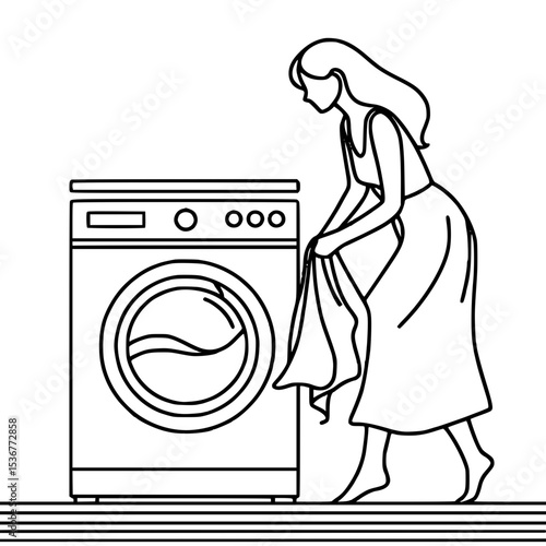 Woman loading laundry into washing machine in line art style  