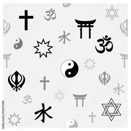 World religion symbols. Signs of major religious groups and religions. Christianity, Islam, Hinduism, Buddhism, Bahaism, Judism, Taoism, Shinto, Sikhism and Judaism, with English labeling. 