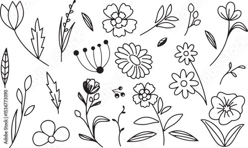 flower doodle vector set, hand drawn botanical sketch, black and white floral clipart, minimal line flower illustration, garden plant drawing

