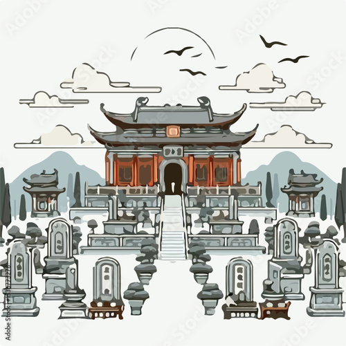 image of a Chinese burial place with a simple and minimalist flat design using a white background