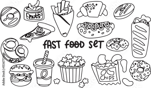 fast food doodle vector, burger fries and soda icons, black and white snack sketch, hand drawn junk food illustration, meal lineart design

